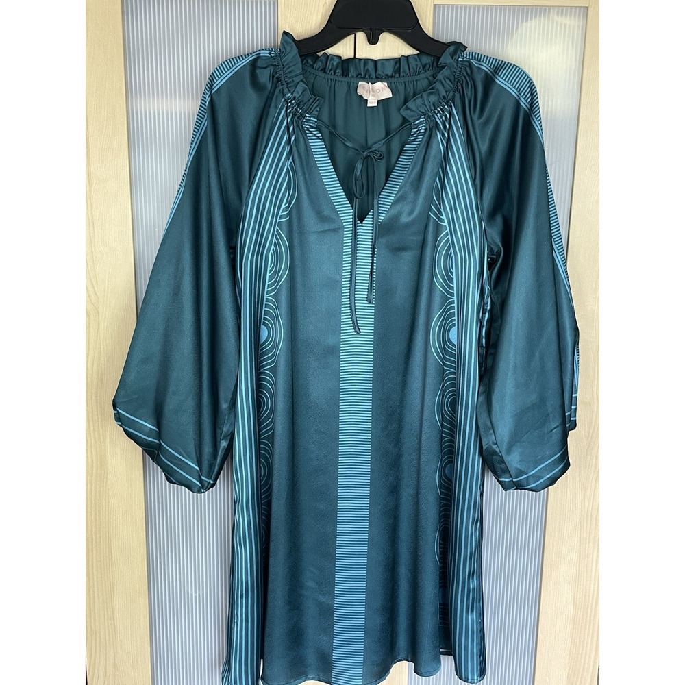 Ciebon Eliza Satin Puff Sleeve Mini Dress Womens XS Green Party‎ Tropical Resort
